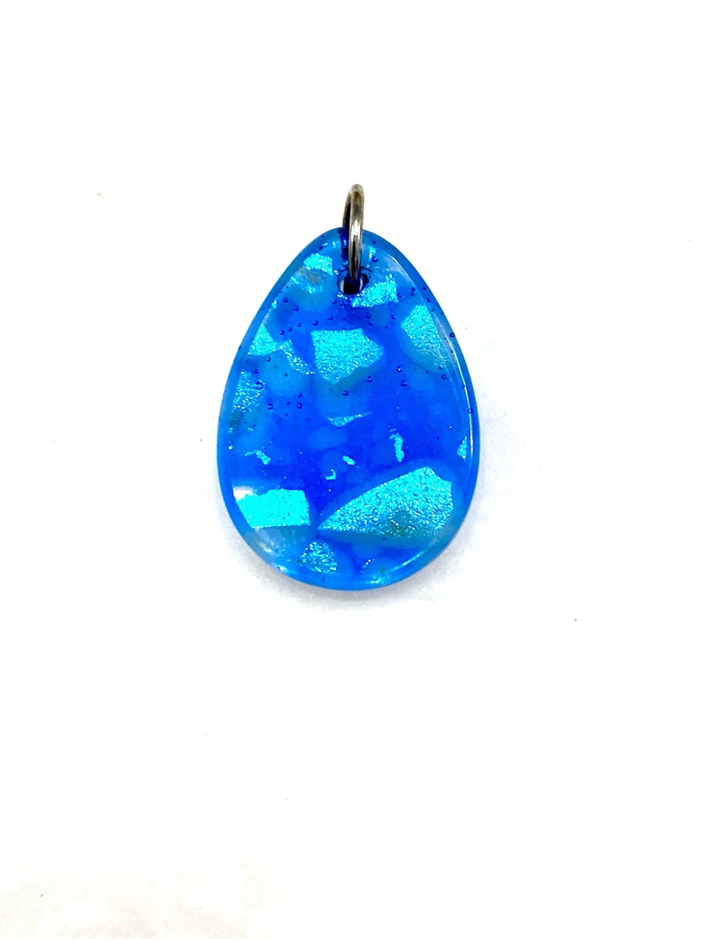 obalt Blue Teardrop Pendant Resin Fused Glass Look Mosaic Shimmer Charm New